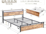 Queen Bed Frame with Storage, Industrial Bed with Led Lights Headboard and 2 Drawers, Wooden Bed V1127-AU-2044QN-BRN