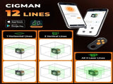 CIGMAN Green Laser Level, 3x360&deg Side LCD 12-Line Self-Leveling, Bluetooth App Remote, Pulse Mode V413-CMS03