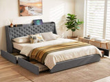 Artiss Queen Bed Frame with 4 Storage Drawers and Charging Station Tufted Wingback Headboard 300kg BFRAME-J-CORTIS-Q-CA-AB