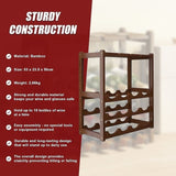 Bamboo Wine Rack Free Standing 15 Bottles with 6 Glasses Holder Storage in Dark Brown V63-837981