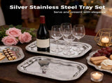 6PCS Silver Stainless Steel Tray Set, Retro Floral Engraved Serving Platter with Wavy Edge, Sturdy V1369-AZ3-W-08855