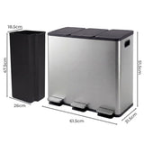 Toque Pedal Rubbish Bin Kitchen Trash Can Stainless Steel 3 x 18L Waterproof KT1050-SL-AU