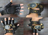 Steampunk Compass Half - Finger Gloves Pure Sheepskin with Gear Decor, Retro Mechanical Style, V1232-PKST002
