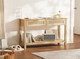 Rattan Table with 2 Storage Drawers, Rattan Entryway Table with Natural Rattan Sliding Door, V952-TBXGZ2CMSYGBWFU0TV0