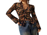 Button Down Shirts for Women Fall V Neck Long Sleeve Ruched Mesh Fitted Floral Print Boho Tops Red V1370-AZ4-10421
