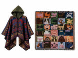 Blue-green Warm Hooded Poncho Shawl and Animal Pattern Throw Blanket Set for Sofa, Bed and Winter V888-ELOSUNG54136