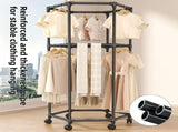 White 360&deg Rotating Hexagonal Clothes Drying Rack with Wheels & Drying Net - Foldable Carbon Steel V888-ELOSUNG55636