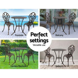 Gardeon 3PC Outdoor Setting Bistro Set Chairs Table Cast Aluminum Patio Furniture Tulip Bronze GB-CALU-3PC-XG1018-BZ