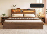 Artiss Double Bed Frame Metal with Charging Station LED Light Storage Shelf MBED-D-ROCK-D-WD-AB