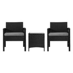 Gardeon 3PC Outdoor Bistro Set Patio Furniture Wicker Dining Chairs Table Cushion Black ODF-BISTRO-HARPSET-J-BK