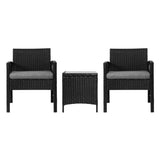 Gardeon 3PC Outdoor Bistro Set Patio Furniture Wicker Dining Chairs Table Cushion Black ODF-BISTRO-HARPSET-J-BK