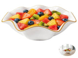 8" White Ceramic Decorative Bowl, Ruffle Edge Serving Bowl with Golden Rim, 320oz Shallow Fruit V1192-AZ-W-18519