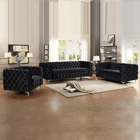 321 Seater Sofa Classic Button Tufted Lounge in Black Velvet Fabric with Metal Legs V43-SET-JAQS-3+2+1-BL