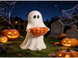 14 Inch Resin Halloween Ghost Figurine with Pumpkin Candy Bowl , Weatherproof Ghost Statue for V1366-AZ2-W-12143