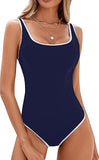 Women's Dark Blue One Piece Swimsuit with White Trim Adjustable Strap, Ribbed, High Cut for Sports V1107-DARK BLUE ONE PIECE SWIMSUIT-XL