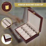 10 Grids Wooden Watch Case Glass Jewellery Storage Holder Box Wood Display V63-824611