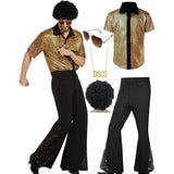 XL size Men's 70s Disco Costume Set - Gold Plaid shirt with Black Bell Bottom Pants & Accessories, V888-ELOSUNG56246-10