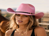 Western Cowboy Hat - Pink Wide Brim Cowboy Hat with Leather-Look Band, Metal Rivet and Square Buckle V888-ELOSUNG57114-2