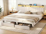 Artiss King Upholstered Bed Frame with Shelf Storage Drawers Charging Station Mood Lighting Linen BFRAME-G-NOUVEA-K-BG-ABC