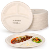 125 Pcs Disposable Paper Plates, 9" 3-Compartment Plates, Waterproof & Oil-resistant Divided Plates, V1369-AZ3-W-08614