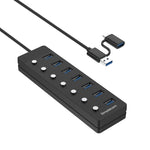 Simplecom CH375C USB-A and USB-C to 7-Port USB 3.0 Hub 5Gbps Individual Switches and Power Adapter V28-SIMCH375C