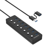 Simplecom CH375C USB-A and USB-C to 7-Port USB 3.0 Hub 5Gbps Individual Switches and Power Adapter V28-SIMCH375C