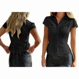Women'S Y2k Short Sleeve Button Down Shirts Casual V Neck Button Up Top Slim Fit Going Out Blouse V1192-AZ-W-20793
