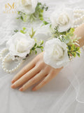 White Ivory Rose Wrist Corsage, Set of 6, Wedding Bridal Flower Corsage Hand Decor for Prom Party V1258-DP02-WO-561