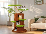 Large Multi-Level Cat Tree Tower in Green & Brown with Plush and Wood Design, 61x148cm V178-59362
