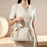 Crane Embroidered Handbag PU leather spliced with gold/silver thread crane pattern, silk scarf bow V1385-CXSTB-WU-1013-008