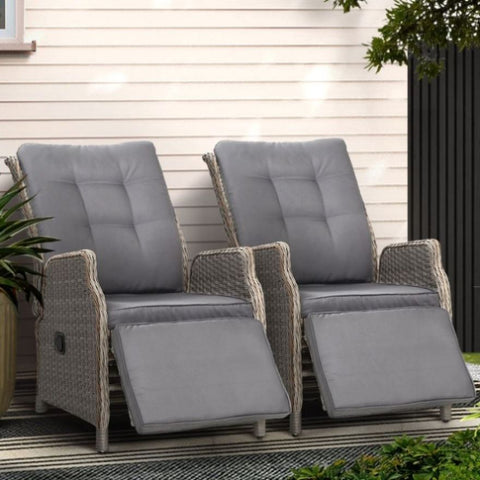 Gardeon 2PC Recliner Chairs Sun lounge Wicker Lounger Outdoor Furniture Adjustable Grey ODF-RCL-RW-FT-GEX2