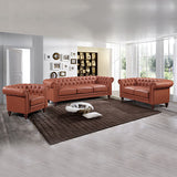 1 Seater 2 Seater 3 Seater Brown Sofa Lounge Set Button Tufted in Faux Leather V43-SET-MDL-3+2+1-BR