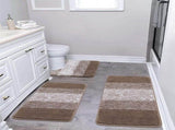 3-Piece Brown Striped Bath Mat Set, Non-Slip Washable Absorbent Bathroom Rugs V1188-MS-731-125