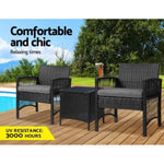 Gardeon 3PC Outdoor Bistro Set Patio Furniture Wicker Dining Chairs Table Cushion Black ODF-BISTRO-HARPSET-J-BK