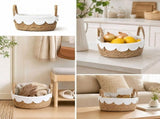 Hand Woven Storage Bask with Scalloped Liner Double Handles Rectangular Straw Organizer Bin for Home V1369-AZ3-W-11187