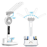 4-Arm Foldable LED Desk Lamp with Built-in Fan, Digital Clock, Temp Display & Dual Pen Holders V1107-CS-CTXXZDD