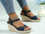 Women Denim Blue Platform Thick Heeled Sandals Fashionable High Heels for Short Girls Denim Buckle V1192-AZ-W-33059