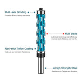 Double Bearing Spiral Flush Trim Router Bit 1/2" Shank - Solid Carbide Blade with Teflon Coating, V1107-145-50122-BLU3