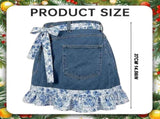 1Pack Denim Floral Half Apron, Adjustable Waist Apron with Ruffle Hem Tie Belt for Cooking, Baking V1192-AZ-W-28185