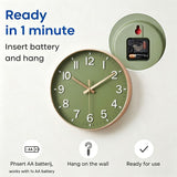 30 cm Modern Green Wall Clock with Rose Gold Frame, Silent Analog Quartz Movement V1188-MS-731-032