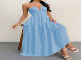 Blue M Size Women's Elegant Halter Maxi Dress Summer Backless V-Neck Sleeveless Long Beach Resort V888-ELOSUNG41131