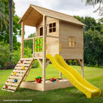 ROVO KIDS Wooden Tower Cubby House with Slide, Sandpit, Climbing Wall, Noughts & Crosses, Natural V219-PLYCBHRV4NTA