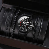 men's bracelet watch set, single calendar watch, fake three eye watch, canvas quartz watch, PU V1347-937-91694-BLK-8