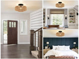 Boho Ceiling Light, Vintage Rattan Semi Flush Mount Ceiling Light Fixture, Hand Woven Chandelier for V1369-AZ3-W-10007