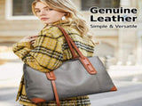 Top-Grain Leather Contrast Tote Large Capacity Commuter Shoulder & Handbag, Fabric Lining. V1232-ZPDJB-002