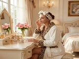 Coral Fleece Leopard Trim Bathrobe Set Bow Headband Included- White Hooded Plush Dressing Gown with V888-ELOSUNG54486