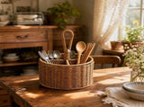 Hand Woven Rattan Round Utensil Caddy with 4 Compartments - Flatware Silverware Storage Basket with V1366-AZ2-W-13080