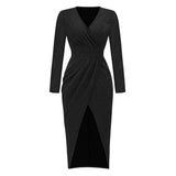 Long Sleeve Dress V-Neck Dress Wrap Maxi Dress Women'S Maxi Dress Evening Dress - Black - Size XXL V1403-944-76228-BLK-XXL