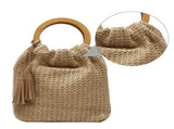 Women's Fashion Straw Woven Round Bag with Wooden Handle, Shoulder Beach Tote, Casual Handbag V1366-AZ2-W-25003