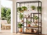 Artiss Tall Plant Stand Indoor, 6-Tier Pot Plant Shelf with Hanging Hooks, Metal & Wooden Flower PS-SHELF-6T-MT-BK